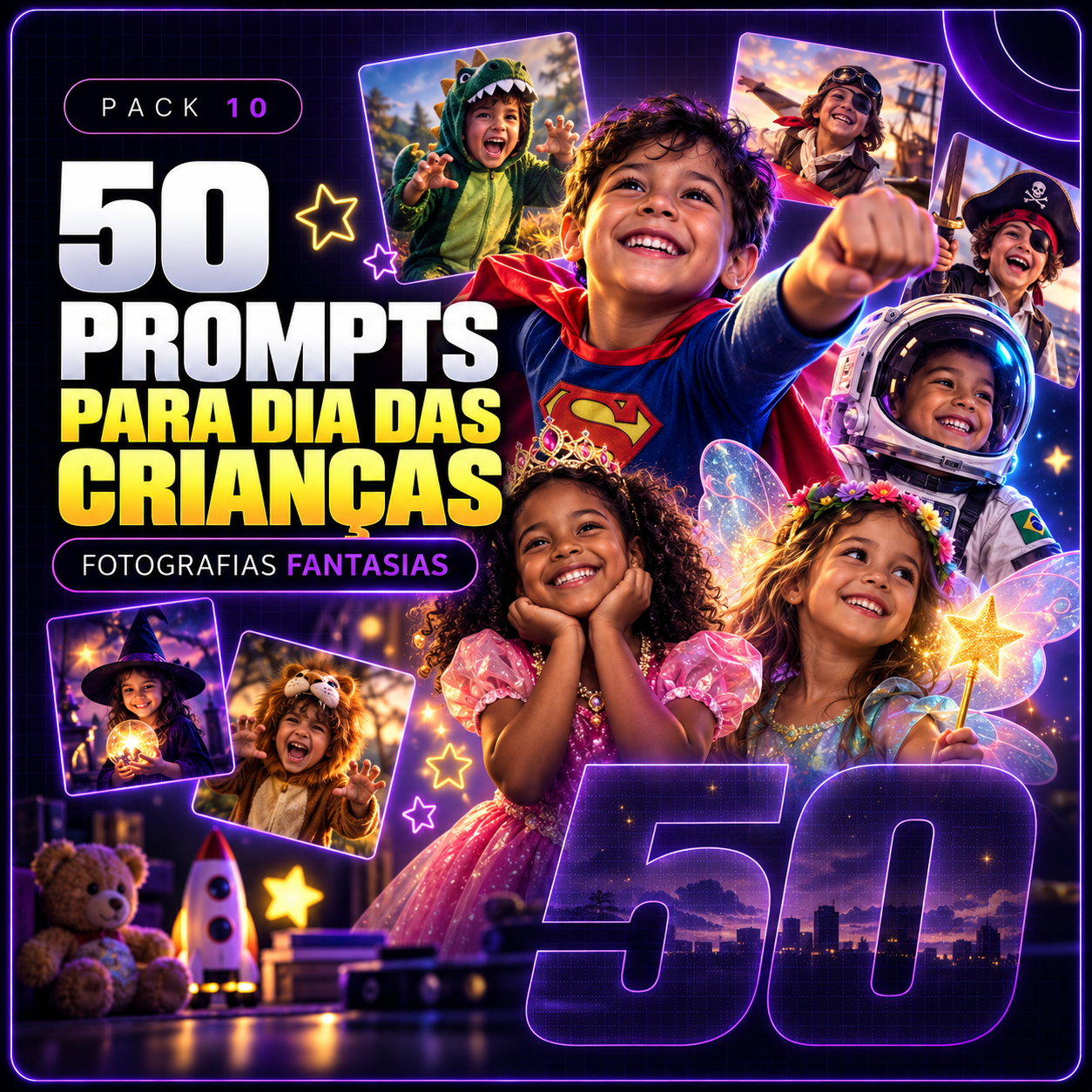 Capa de 50 PROMPTS ULTRA-REALISTAS — DIA DAS CRIANÇAS