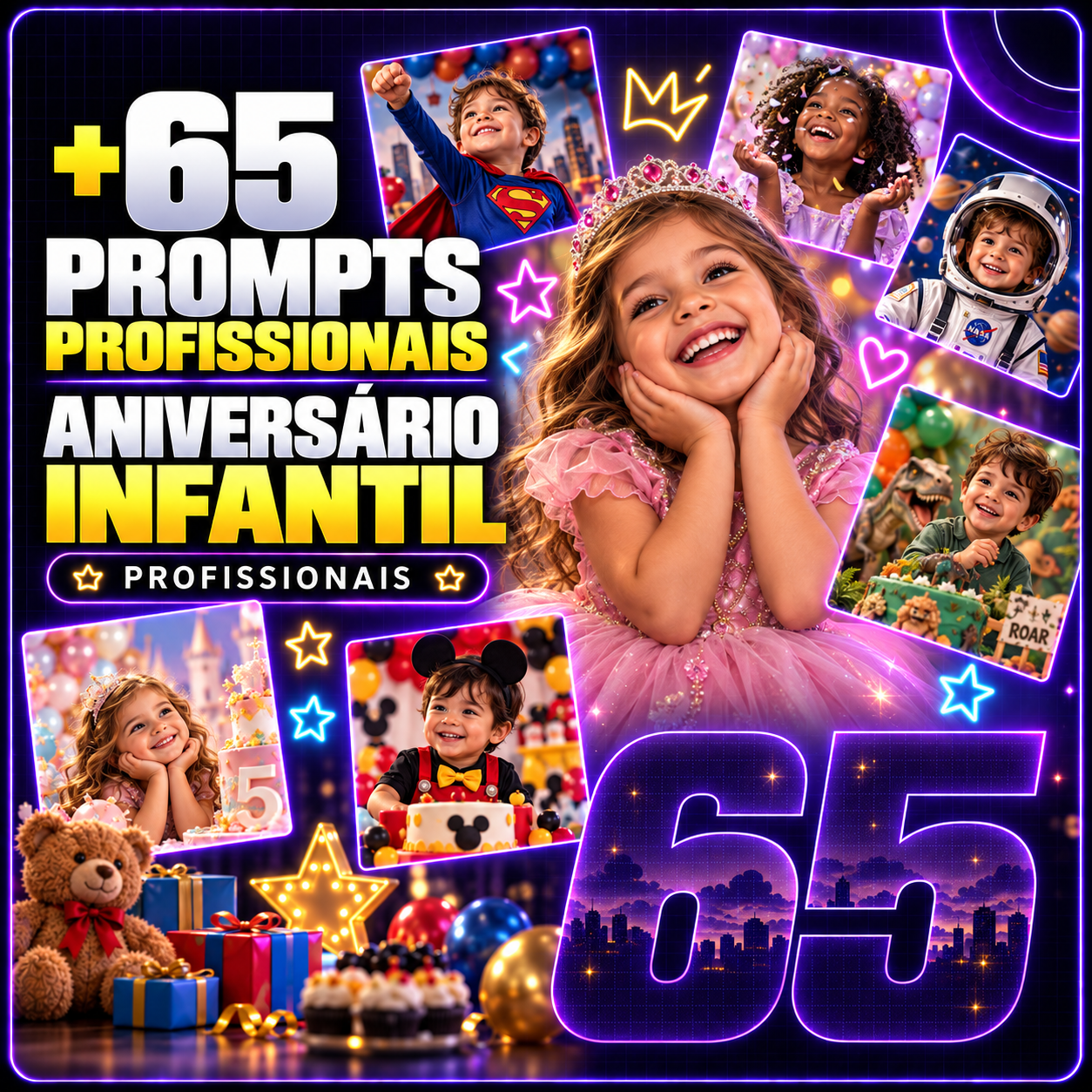 Capa de +65 PROMPTS PROFISSIONAIS — ANIVERSÁRIO INFANTIL
